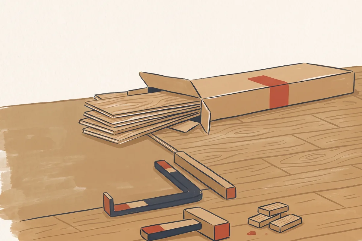 A floor half covered with oak planks, an open carton of planks and a pull bar at the seam