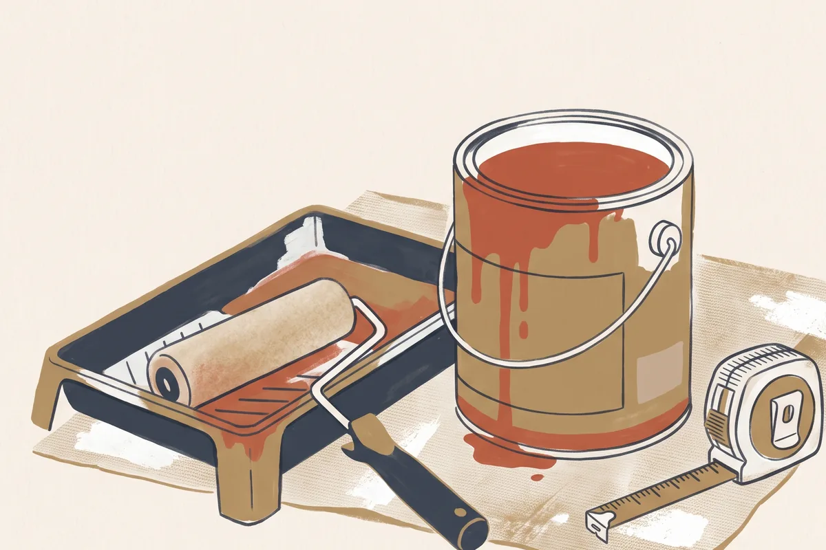 An open can of terracotta paint, a roller in a tray and a tape measure on a drop cloth