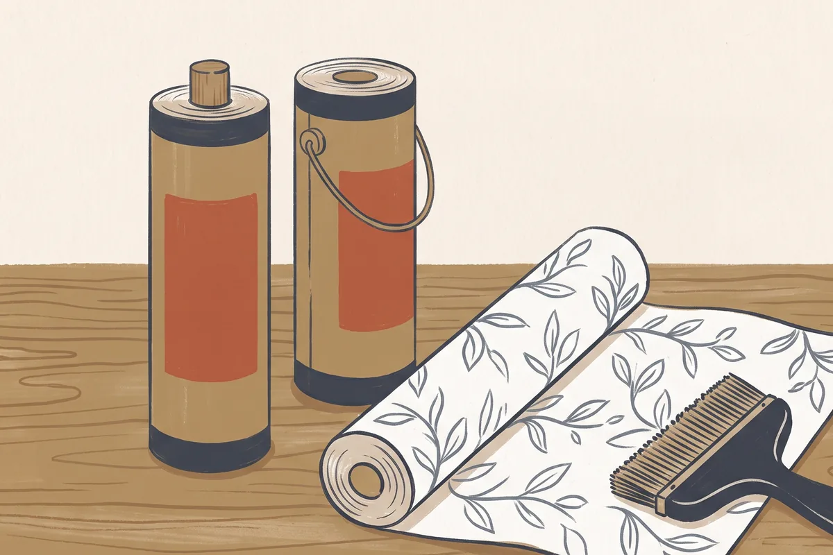 Two wallpaper rolls standing on a wooden floor, a third roll unrolled to show a leaf pattern, with a smoothing brush