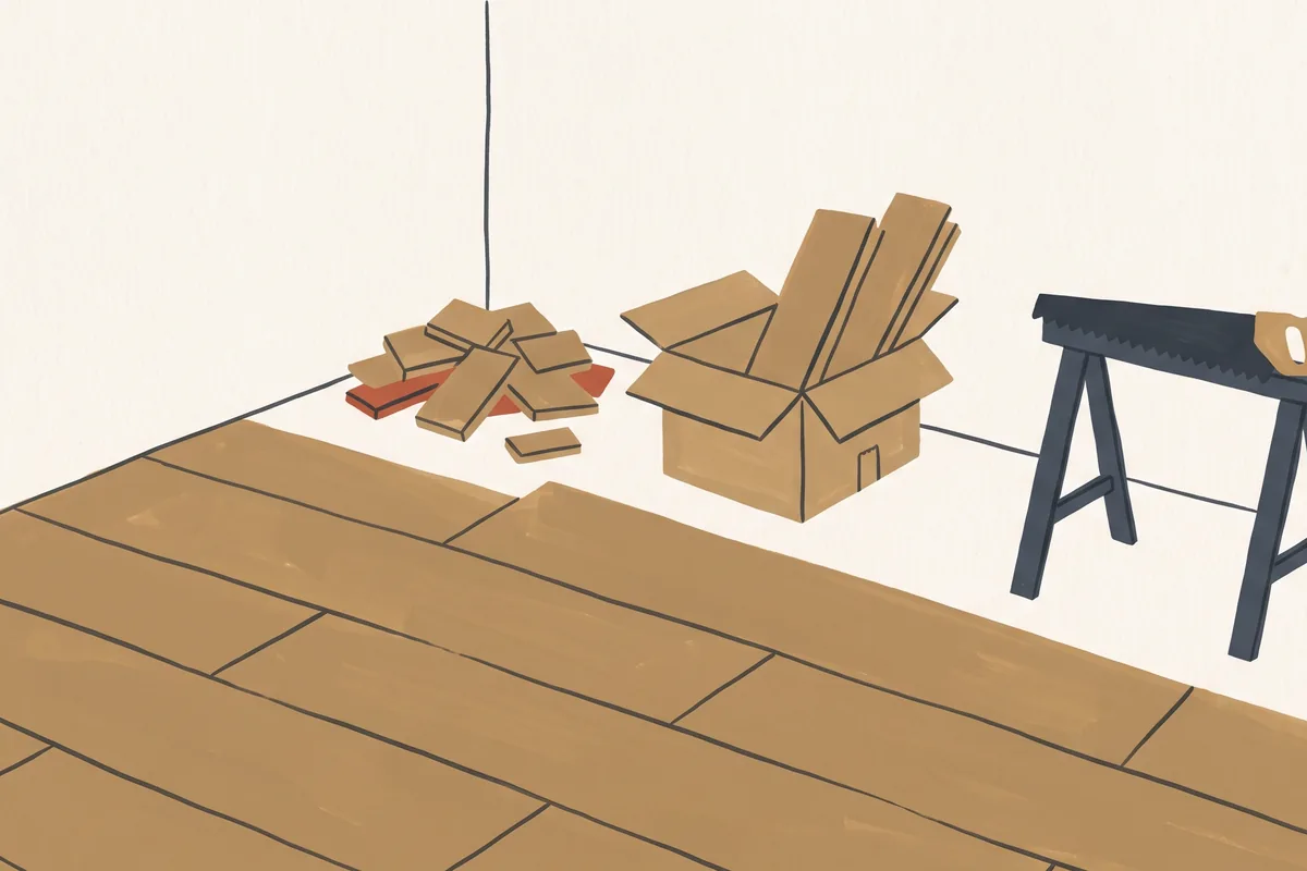 A plank floor nearly finished, a pile of offcuts in the corner, an open carton and a saw on a sawhorse