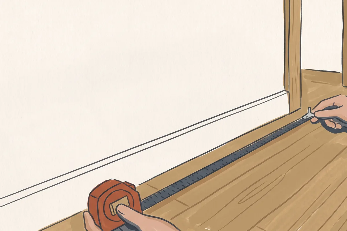 Two hands stretching a tape measure along a baseboard toward a door frame