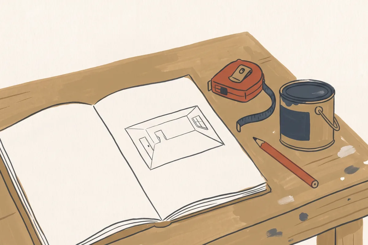 An open notebook with a pencil sketch of a room outline, a tape measure and a small paint can on a workbench
